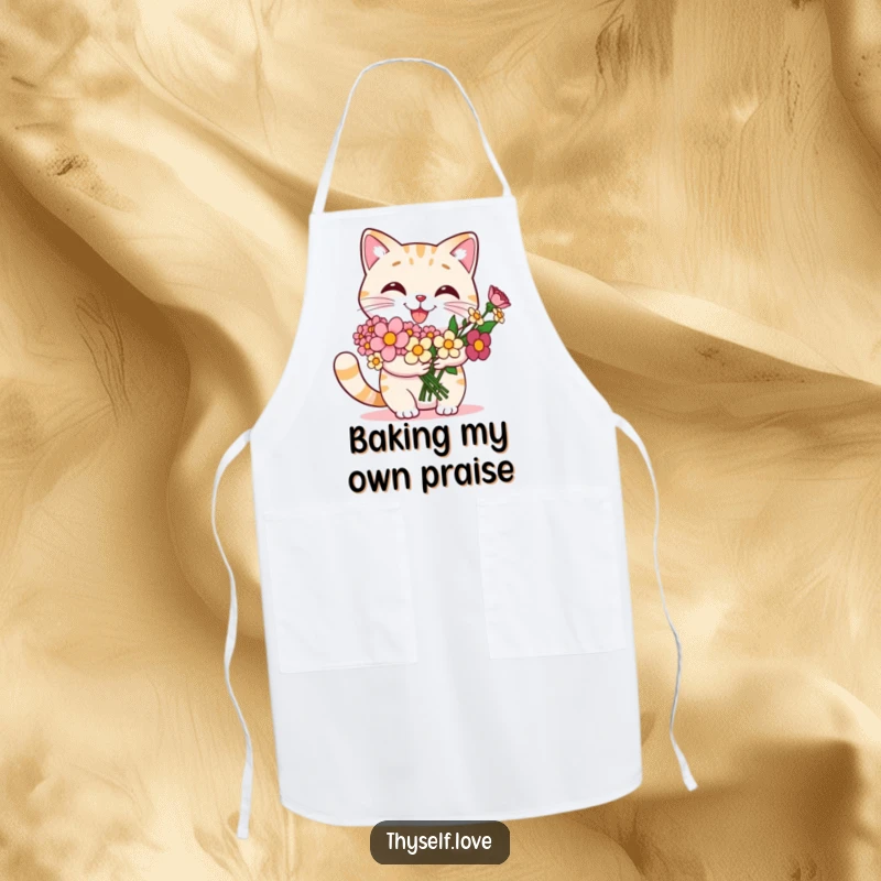 Funny cat apron with a smiling cat proudly holding a bouquet of flowers, perfect for a proud chef.