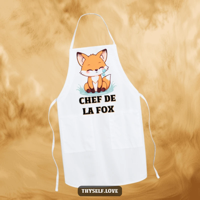 Funny fox apron showing a cheerful fox admiring its reflection in a sparkling dewdrop, perfect for adding woodland humor to kitchen tasks.