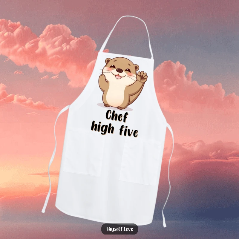 Funny otter apron showing a happy otter giving itself a high five, perfect for adding humor to cooking and celebrating kitchen wins.
