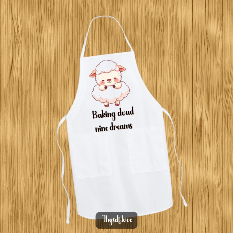 Funny Apron: A happy sheep peacefully embraces a fluffy cloud, bringing serene humor to your kitchen attire.