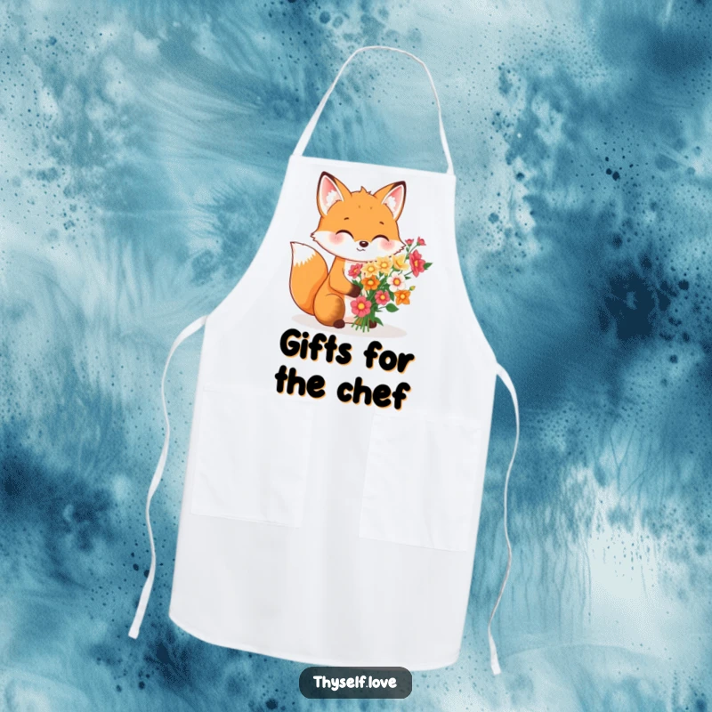 Funny Apron: A cheerful fox wearing an apron, carefully arranging a lovely bouquet of flowers just for itself, ideal for a happy kitchen.