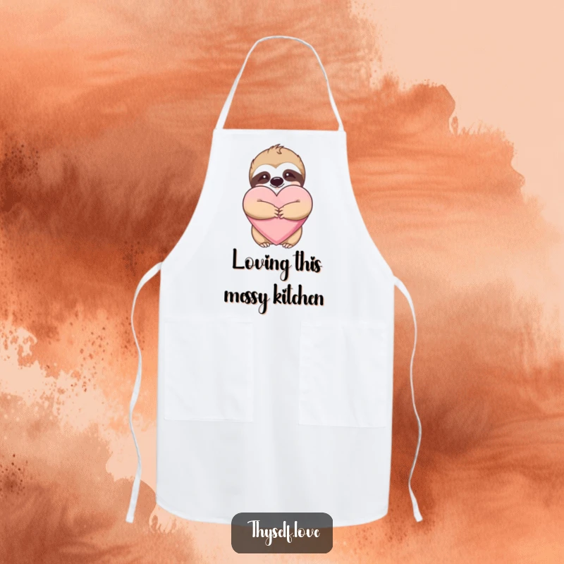 Funny apron showcasing a cute sloth hugging a big heart, perfect for adding humor to cooking or baking.