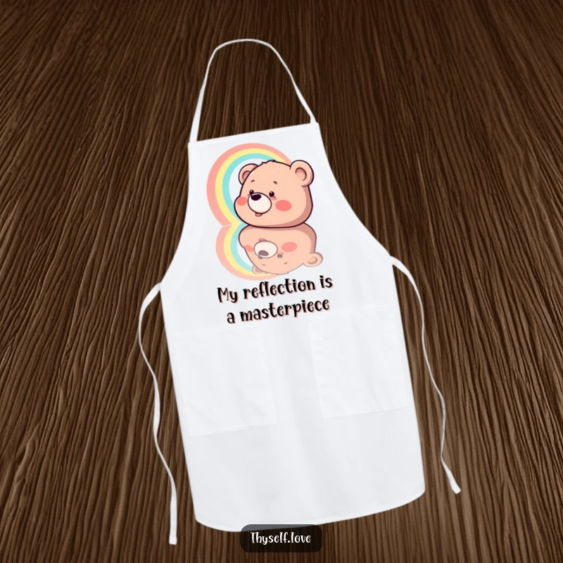 Funny Apron: A bear wearing an apron, giggling uncontrollably at a beautiful rainbow forming in its own reflection, perfect for a happy cook.