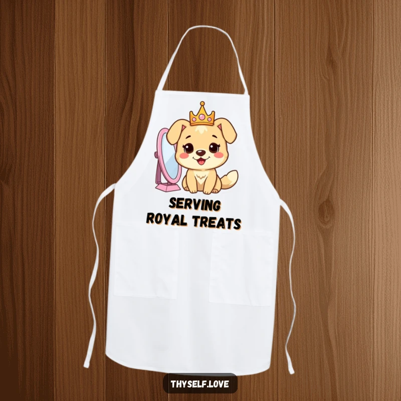Funny dog apron with a cheerful dog wearing a crown, looking into a mirror, perfect for a regal kitchen.