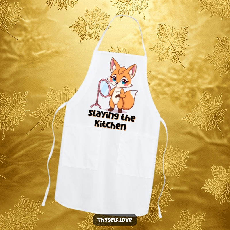 Funny fox apron with a confident fox character posing with a vanity mirror, perfect for a stylish kitchen.