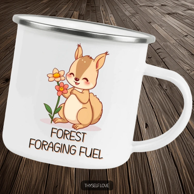Funny camping mug featuring a squirrel offering a flower to its reflection, ideal for outdoor use.