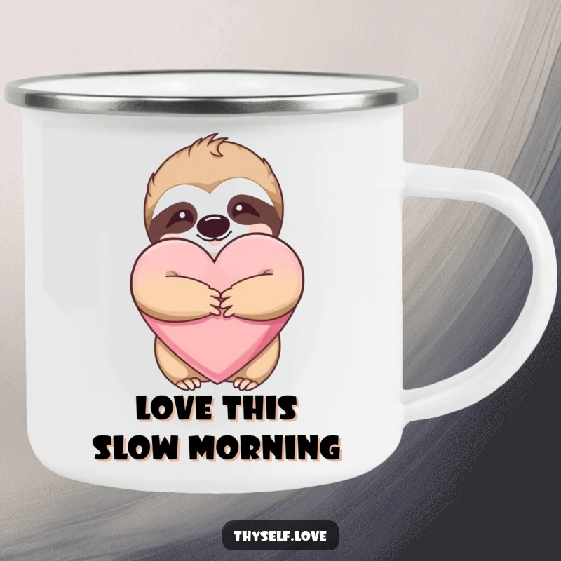 Funny camping mug illustration of a contented sloth hugging a large heart, built for outdoor enjoyment.