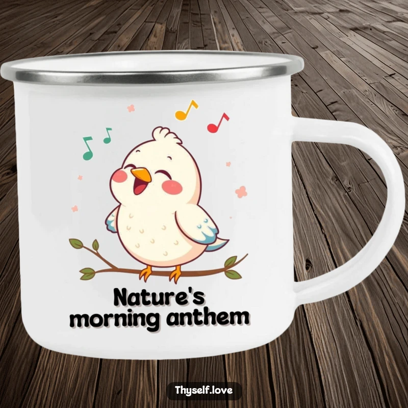 Funny enamel camping mug featuring a contented bird singing a joyful song, built for adventure and cheerful humor.