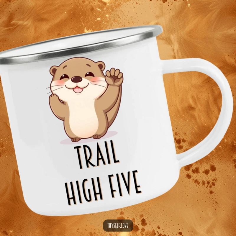 Funny otter camping mug featuring a happy otter giving itself a high five, ready for outdoor fun and celebratory moments.