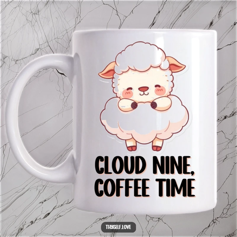 Funny Mug: A happy sheep is peacefully embracing a soft, fluffy cloud, exuding ultimate comfort and serenity.