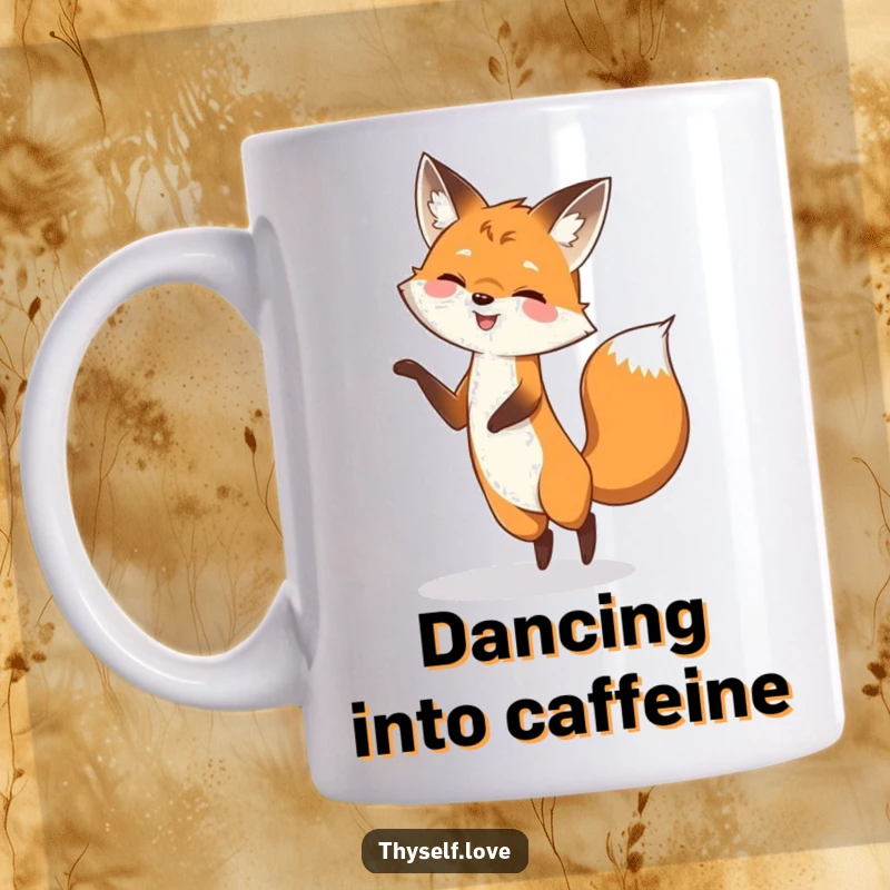 Funny mug depicting a grinning fox joyfully dancing and twirling playfully alongside its own shadow, embodying fun and carefree energy.