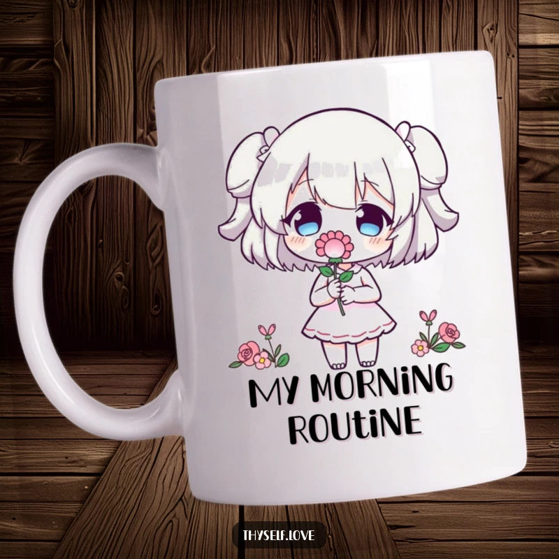 Funny Mug: Character offering a delicate flower to its own proud silhouette, a symbol of self-love and inner peace.