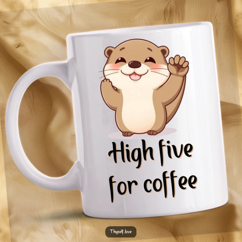Funny otter mug showing a happy otter giving itself a high five with a paw, celebrating its own awesomeness.