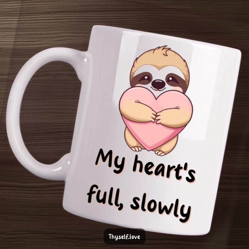 Funny mug featuring a content sloth with closed eyes, affectionately hugging a giant plush red heart.