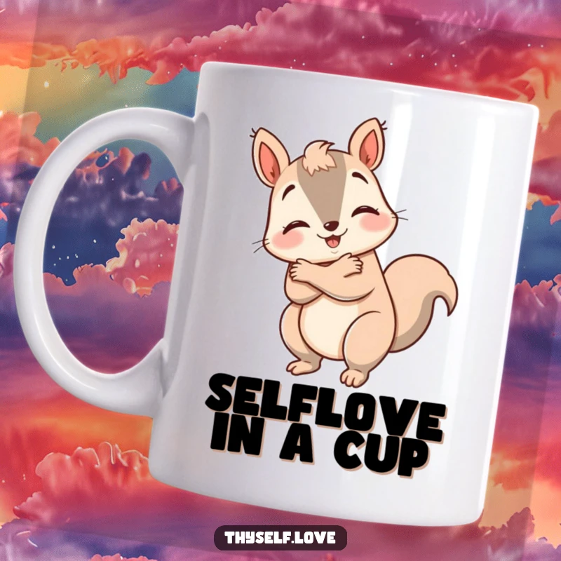 Funny happy squirrel mug, giving itself a big hug, symbolizing self-love and comfort. A charming and humorous gift.