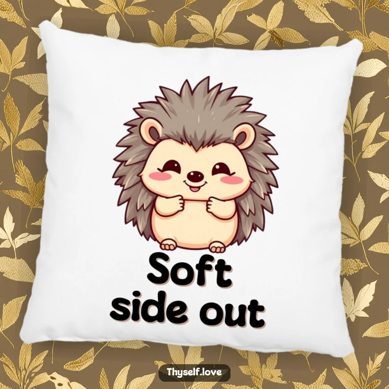 Funny pillow featuring a happy hedgehog fluffing its quills with a smile, offering comfort with cute hedgehog humor.