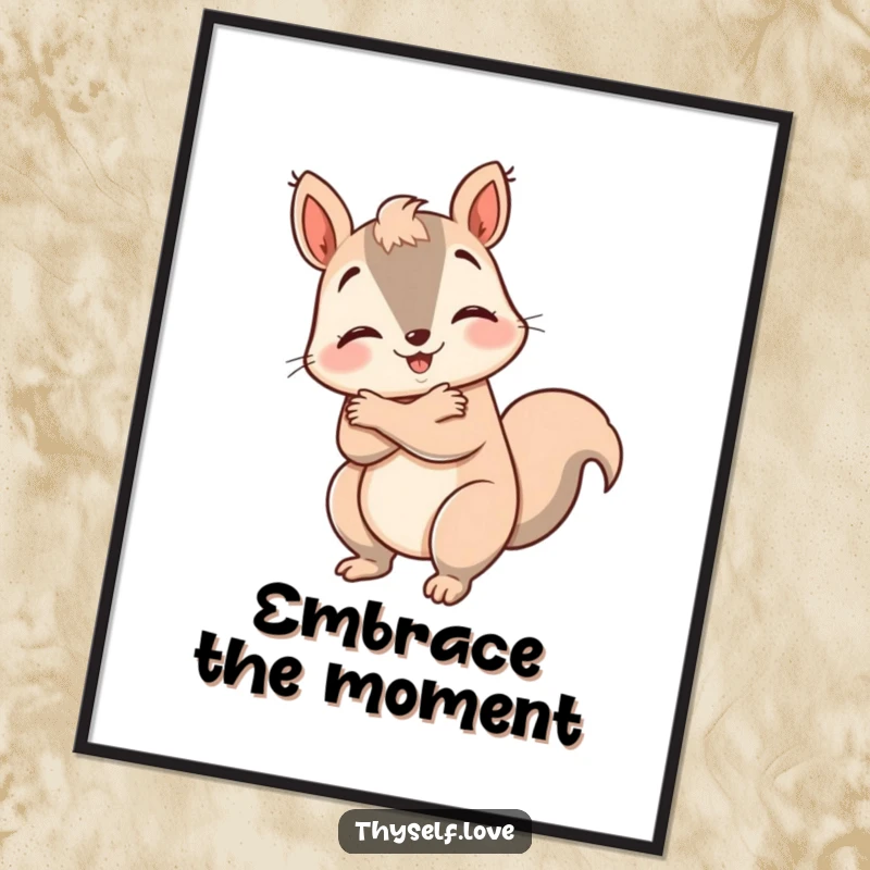 Funny happy squirrel digital art print, giving itself a big hug, bringing heartwarming self-love to any space. A humorous and downloadable decoration.