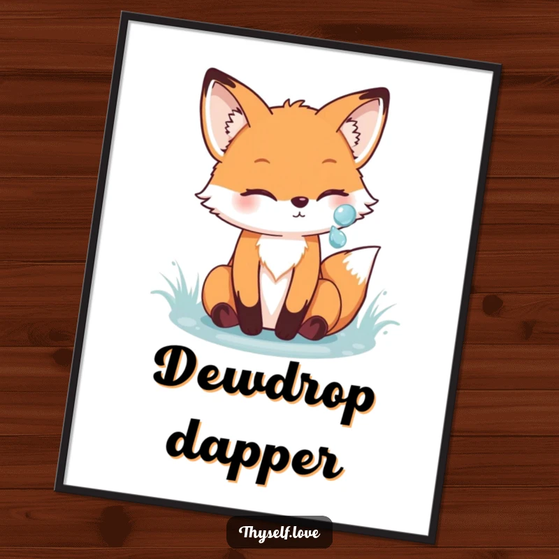 Funny fox digital art print of a cheerful fox admiring its reflection in a sparkling dewdrop, adding woodland charm and humor to any room.