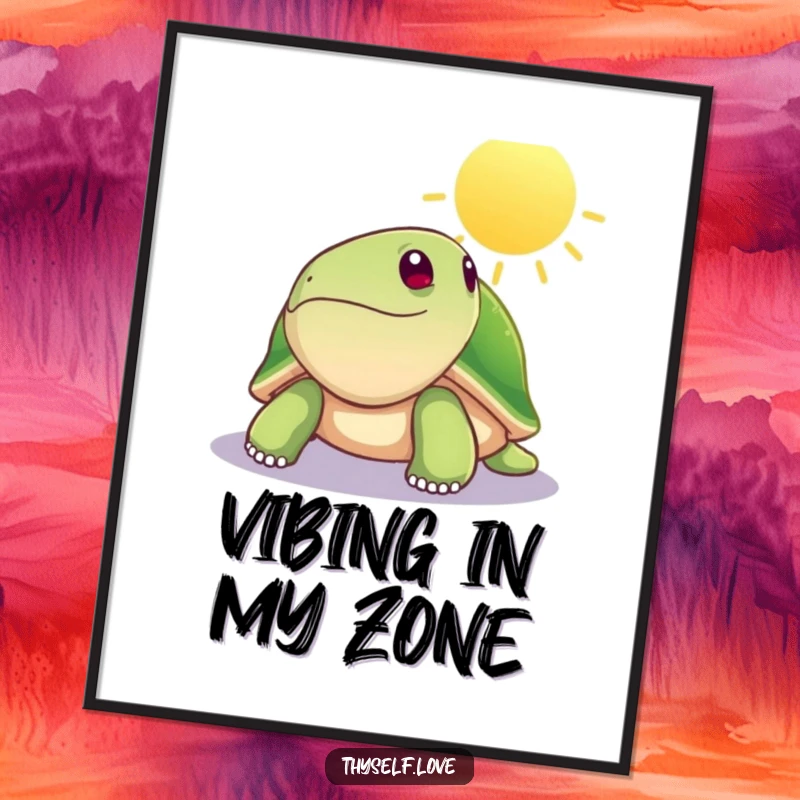 Funny digital art print of a peaceful turtle basking in a sunbeam, conveying a hilariously calm and joyful atmosphere for easy decoration.
