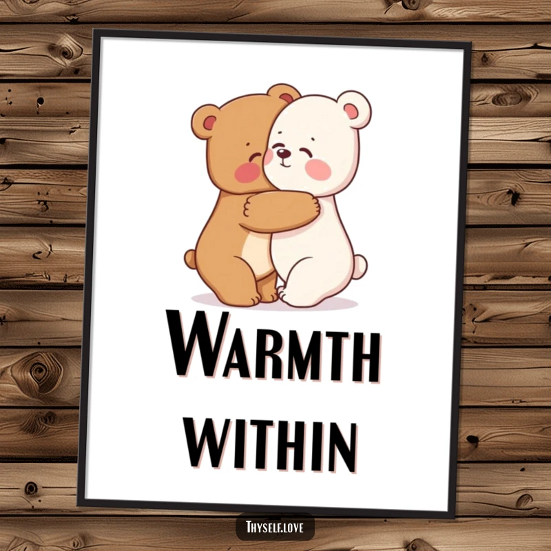 Funny bear digital art print of a happy bear character hugging its reflection, symbolizing self-love and comfort.