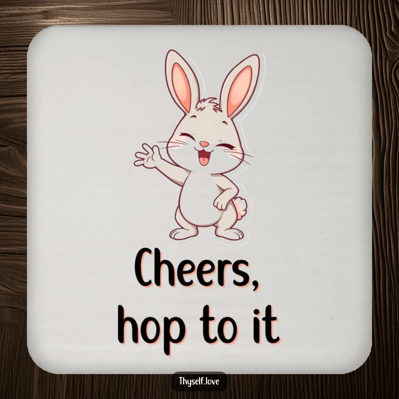 Funny drink coaster with a cheerful bunny striking a confident pose and winking, adding playful charm.