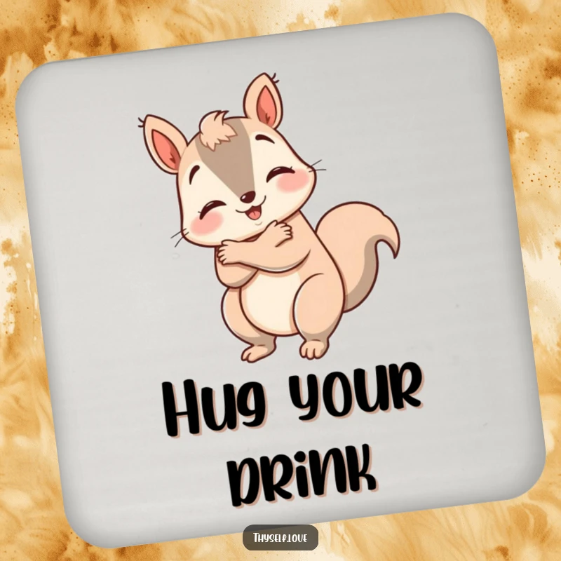 Funny happy squirrel drink coaster, giving itself a big hug, protecting surfaces with self-love charm. A humorous accessory.