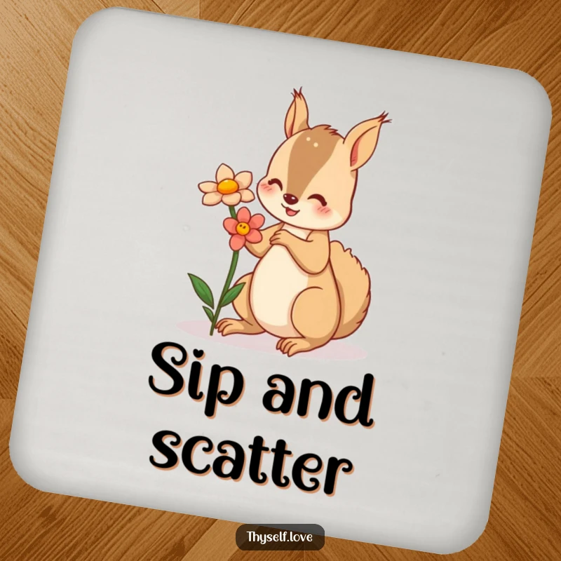 Funny drink coaster featuring a squirrel offering a flower to its reflection, protecting surfaces with charm.