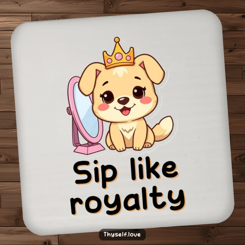Funny dog coaster with a cheerful dog wearing a crown, looking into a mirror, adding regal humor.