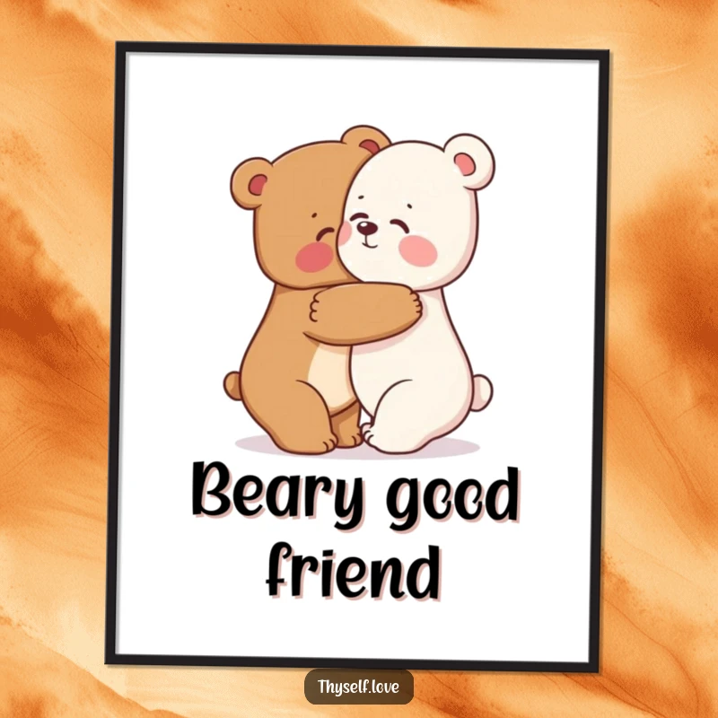 Funny bear poster depicting a happy bear character giving a warm hug to its own reflection, promoting self-love and kindness.
