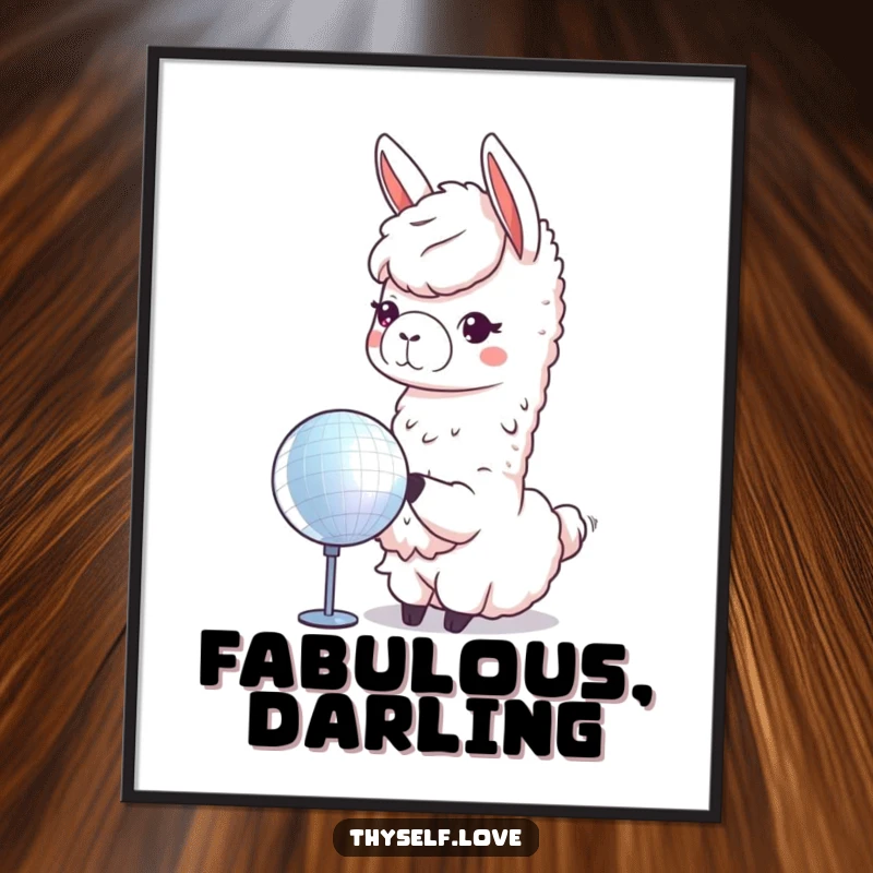 Funny llama poster depicting a cute llama striking a pose before a dazzling disco ball, reflecting its shimmering image.