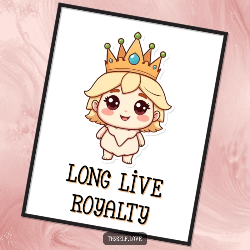 Funny Poster: A regal character with a crown smiles broadly, exuding humorous self-assurance and charm.