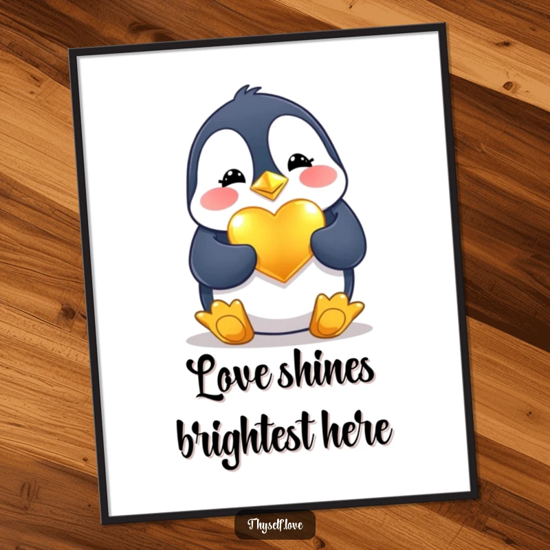 Funny Poster: A cheerful penguin shines a golden heart, creating a beautiful and humorous piece of wall art.