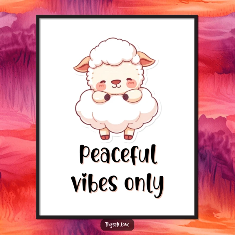Funny Poster: A happy sheep embracing a fluffy cloud, embodying peace and serenity for delightful wall art.