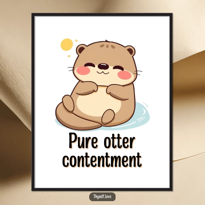 Funny poster featuring a serene otter floating on its back, bathed in gentle sunlight, capturing a moment of ultimate peace and contentment.