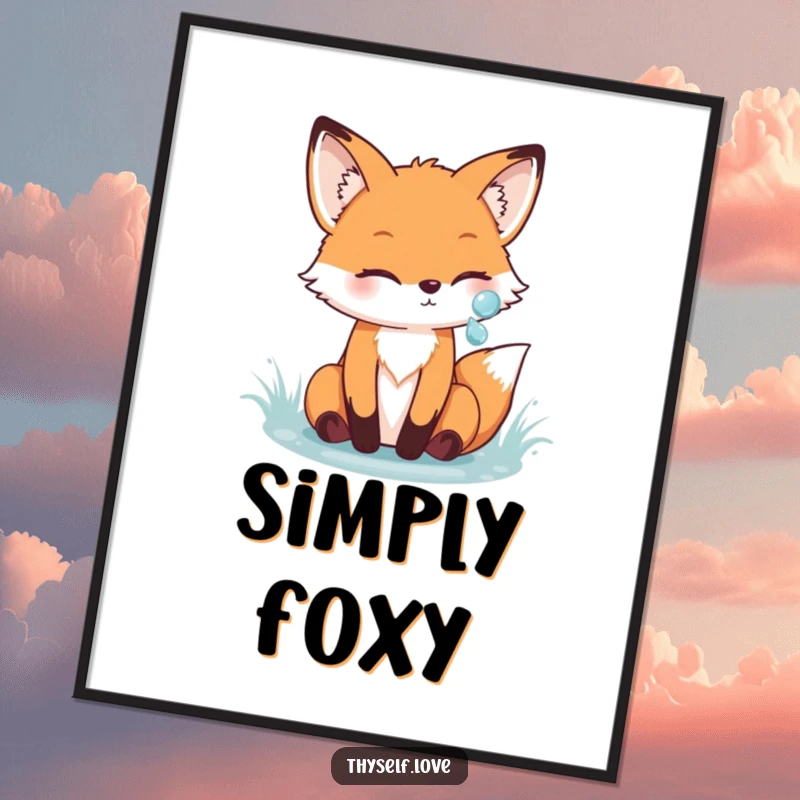 Funny fox poster print of a cheerful fox admiring its reflection in a sparkling dewdrop, adding whimsical woodland charm to decor.