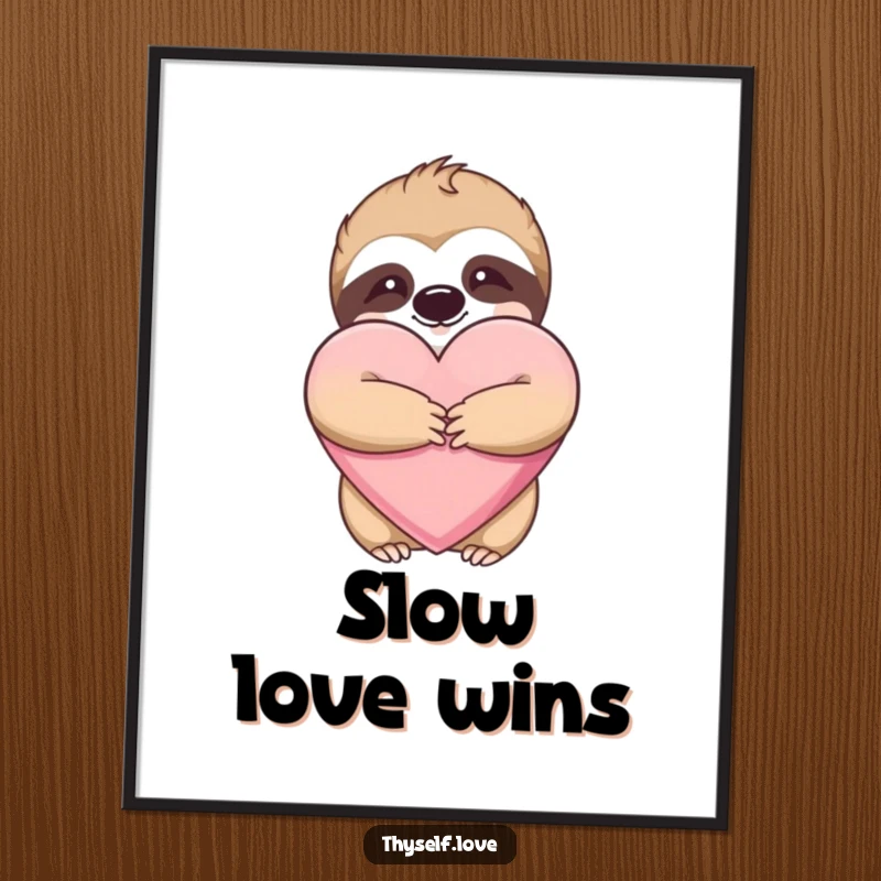 Funny poster depicting a cheerful sloth in a big hug with a plush heart, bringing warmth and humor to decor.