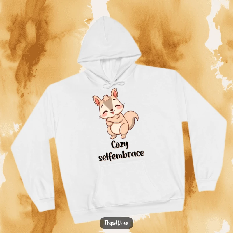 Funny happy squirrel hoodie, giving itself a big hug, providing cozy comfort and reinforcing self-love. A humorous and warm item.