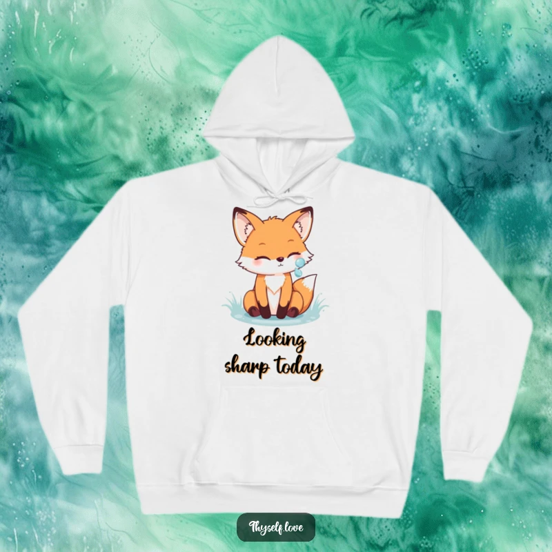 Funny fox hoodie showing a cheerful fox admiring its reflection in a sparkling dewdrop, offering cozy comfort and nature-inspired humor.