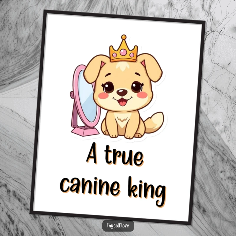 Funny Free Printable Dog Wall Art: A cheerful dog wearing a crown surveys its majestic reflection in a mirror. Regal and humorous art.