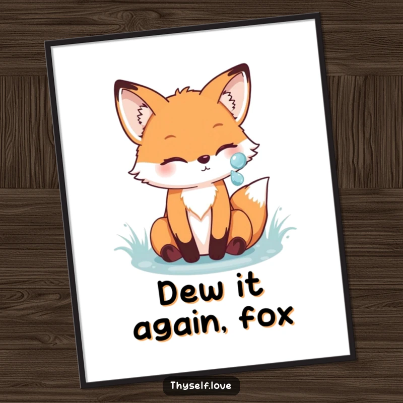 Funny Free Printable Wall Art: Cheerful fox admiring its reflection in a sparkling dewdrop, offering charming and whimsical decor.