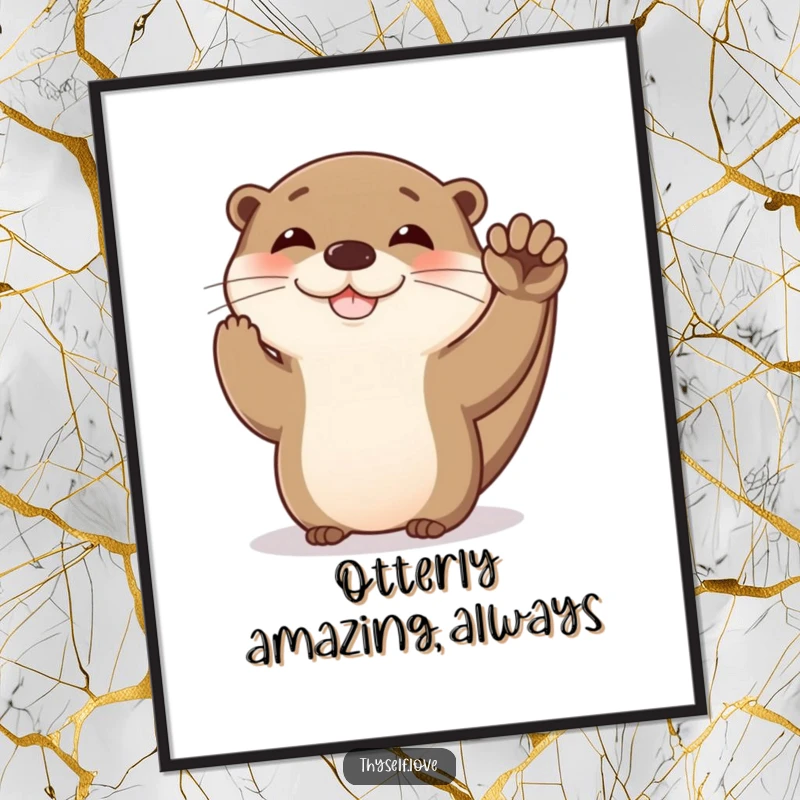 Funny Free Printable Wall Art: Happy otter giving itself a high five with its paw, celebrating with aquatic joy.