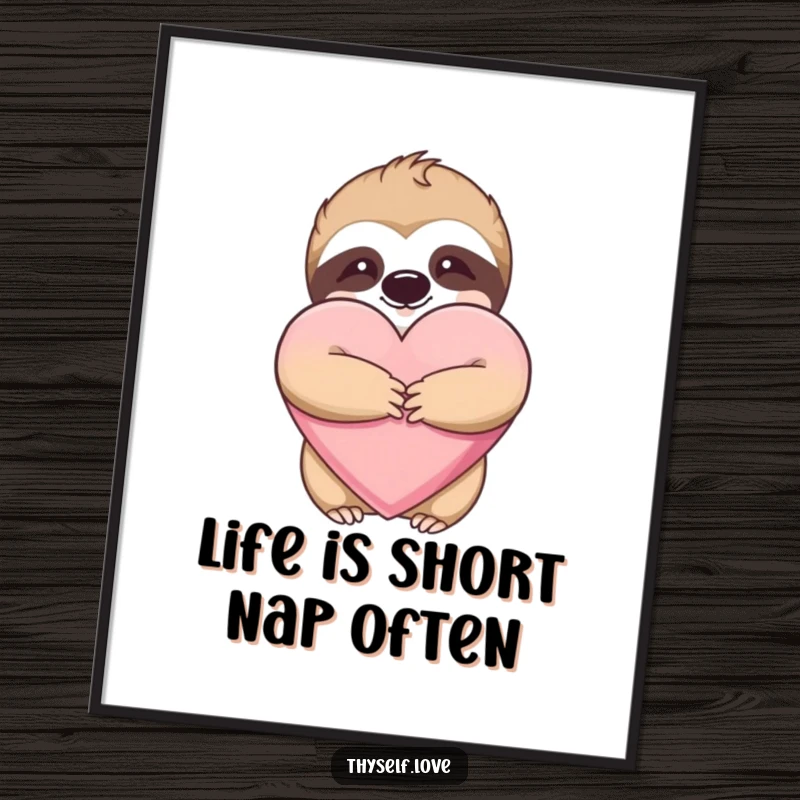 Funny Free Printable Wall Art: A content sloth is captured mid-hug, embracing a giant fluffy heart with pure sloth-like affection and joy.