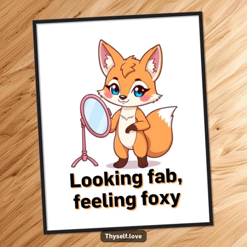 Funny Free Printable Fox Wall Art: A self-assured fox poses elegantly, admiring its reflection in a vanity mirror. Chic and humorous art.