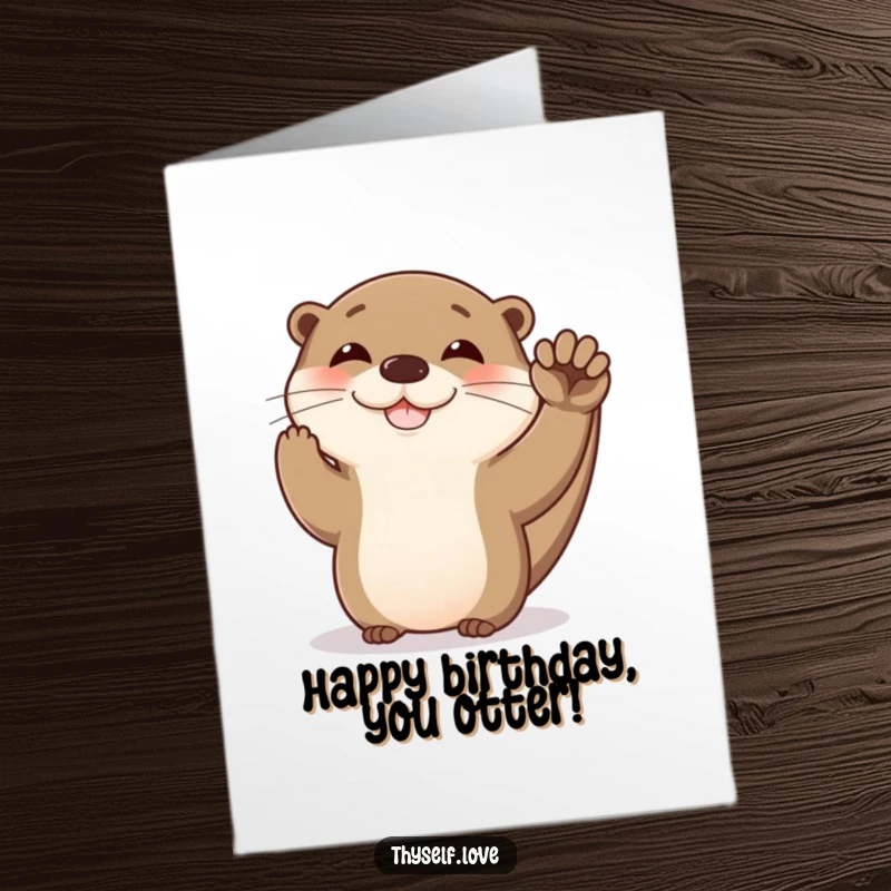 Funny Free Printable Birthday Card: Happy otter giving itself a celebratory high five with its paw, full of birthday cheer.