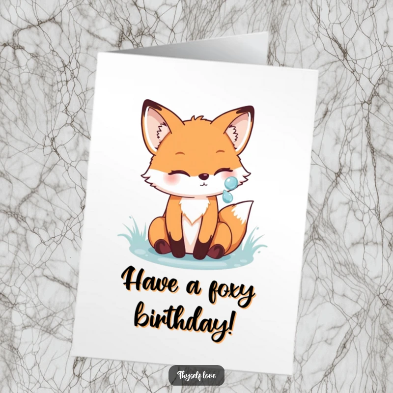 Funny Free Printable Birthday Card: Cheerful fox admiring its reflection in a sparkling dewdrop, wishing a dazzling birthday.