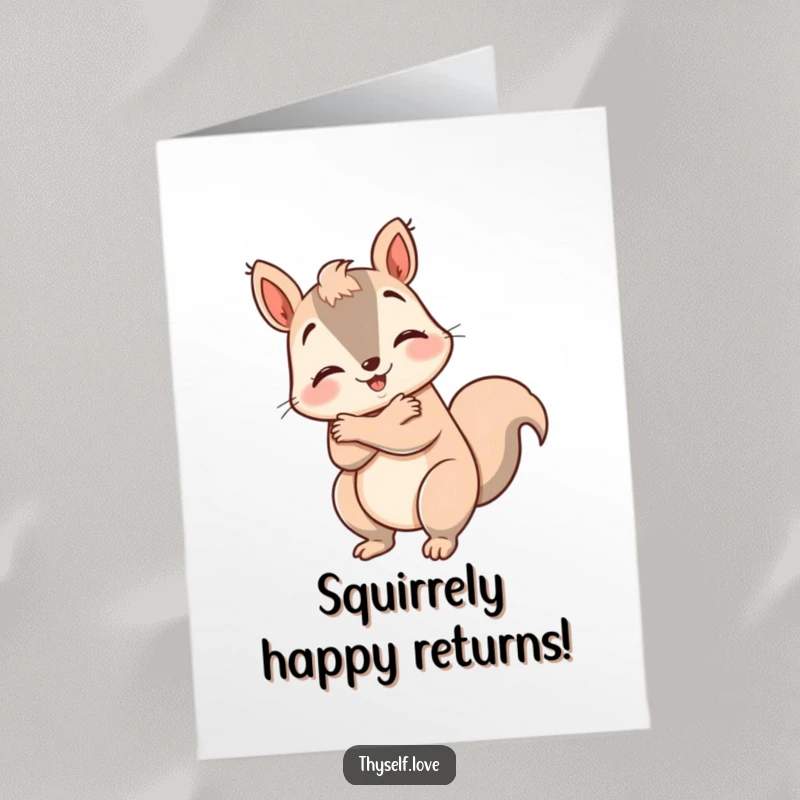 Funny Free Printable Happy Birthday Card featuring a happy squirrel giving itself a big hug, a message of self-love.