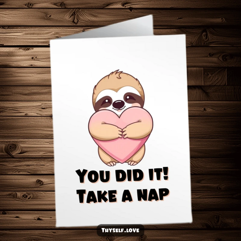 Funny Free Printable Congratulations Card: A content sloth gives a massive hug to a plush heart, celebrating success with adorable sloth vibes.