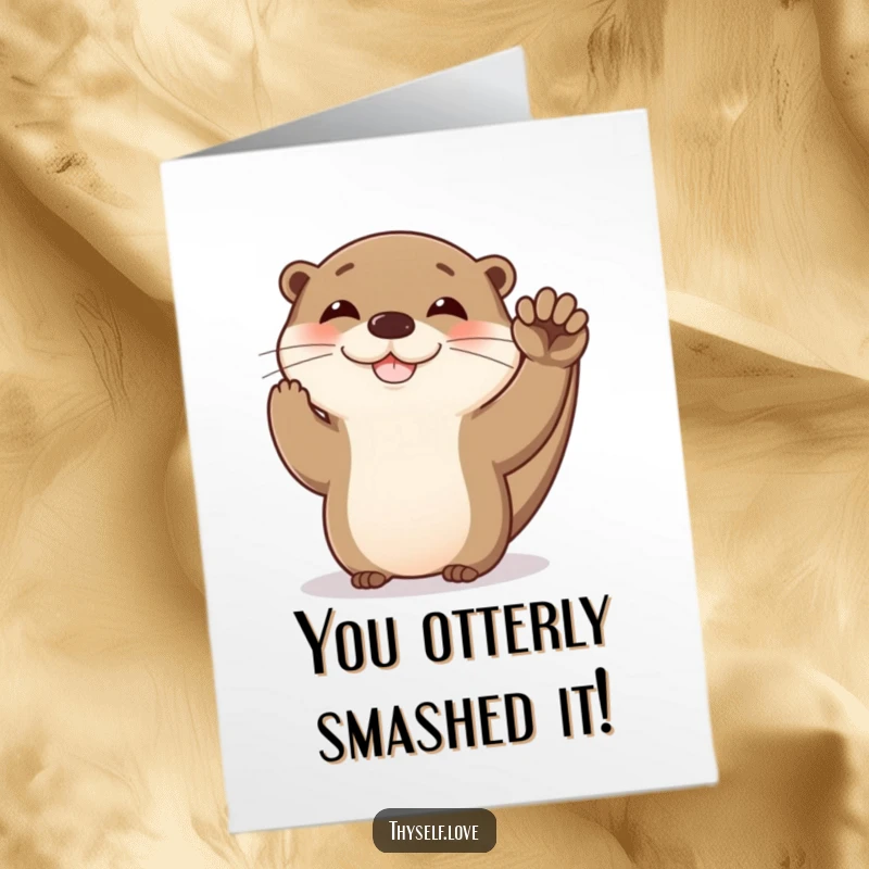 Funny Free Printable Congratulations Card: Happy otter giving itself a proud high five, celebrating a fantastic achievement.