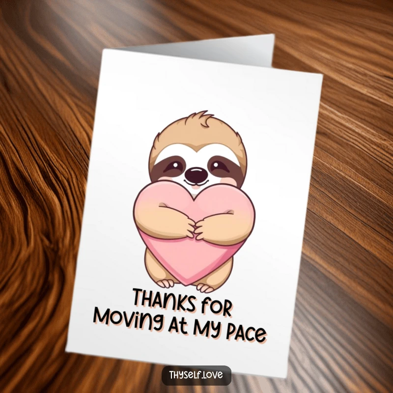 Funny Free Printable Thank You Card: A sweet sloth embraces a large plush heart, offering thanks with a relaxed and loving embrace.