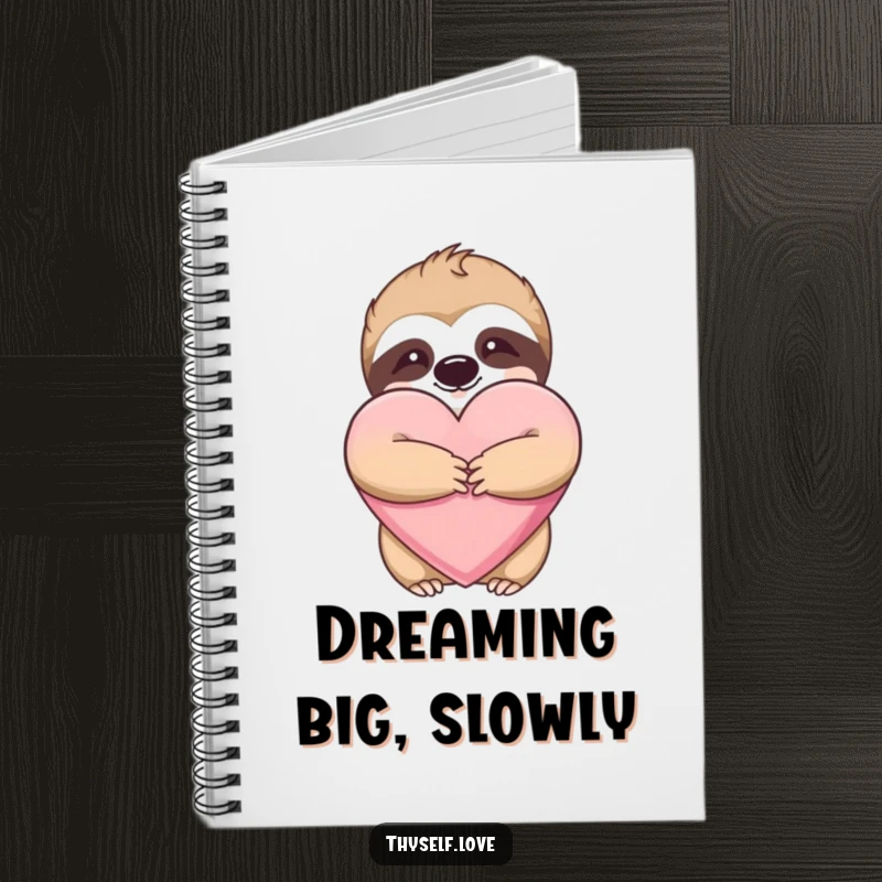 Funny notebook cover with a delightful sloth embracing a plush heart, inspiring creative writing and note-taking.